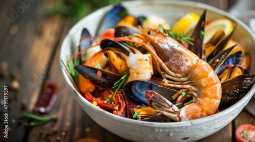 Bowl of seafood and mussels with lemon wedges