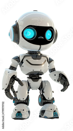 A white robot with blue eyes standing in front of a transparent background. Cutout © jcalvera