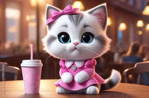 Cute cartoon cat in a pink dress with a paper cup of coffee photo