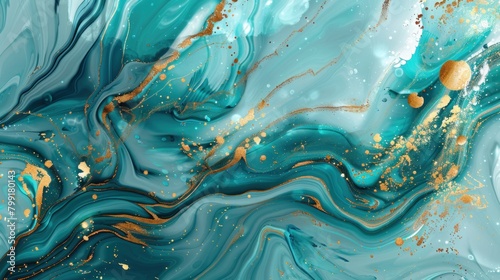 A painting of a blue wave with gold specks. The painting has a calming and serene mood, as the blue color of the wave and the gold specks create a sense of tranquility and peace