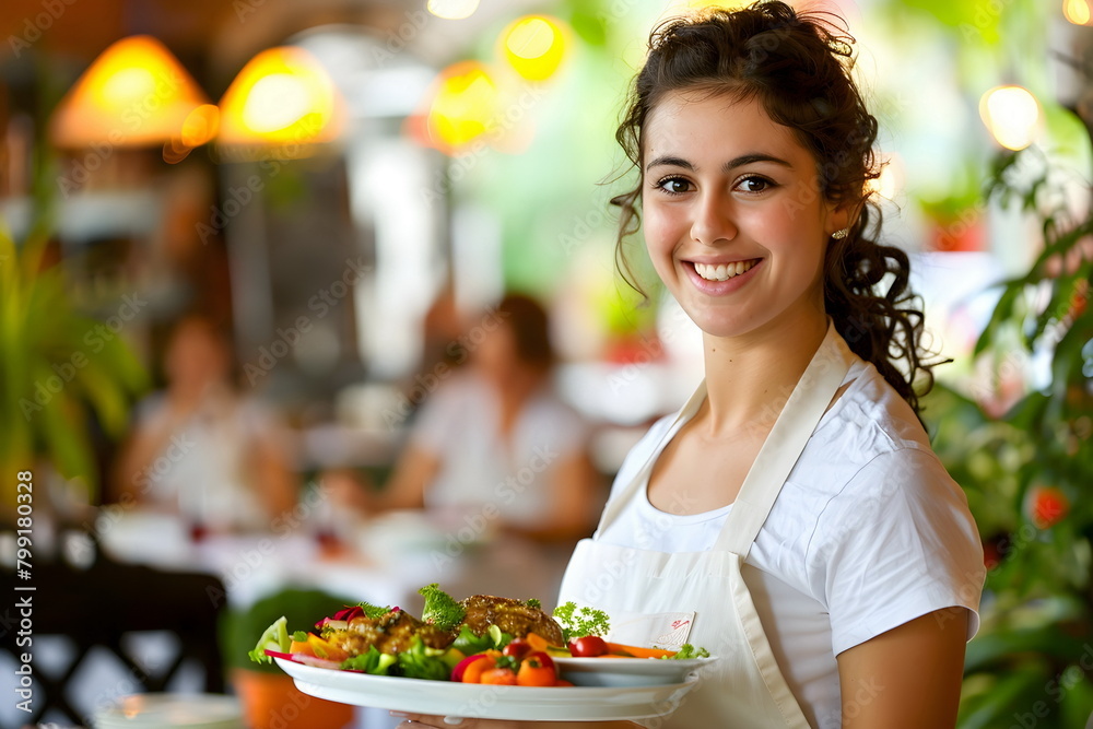 Portrait of a young female waitress carrying food on a plate
