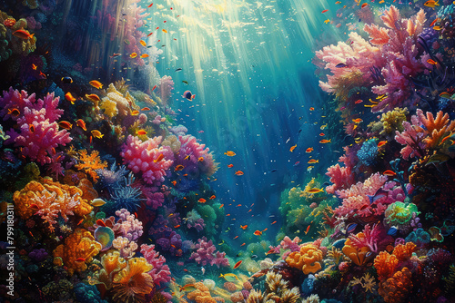 A vibrant coral reef teeming with colorful marine life, depicted in an oil painting style. Created with Ai