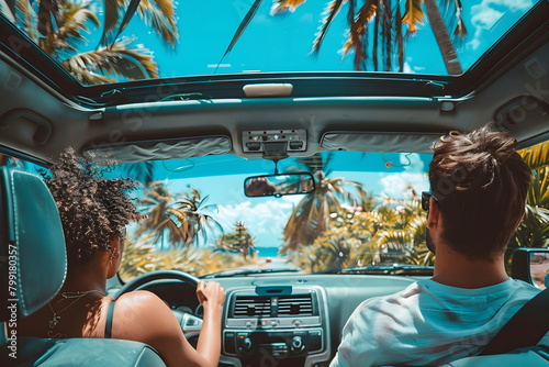 Woman driving a cabriolet traveling with a man during summer
