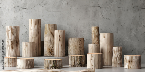 Various tree trunks round teak wood stump isolated on gray background