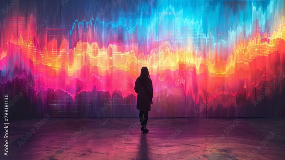Fototapeta premium The image is a woman standing in a colorful, futuristic city. She is looking up at the tall buildings and the bright lights. The image is full of hope and promise.
