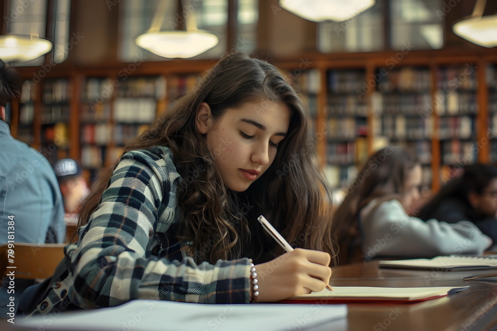 Portrait of a female student writing at school in class Portrait of a female student writing at school in class