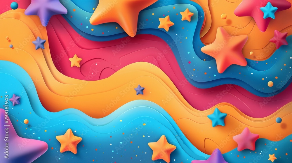 The image is a colorful background with a wavy pattern and stars