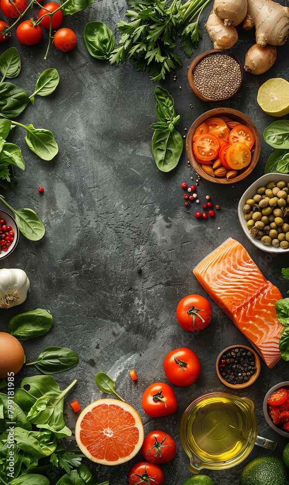 Top view of healthy Mediterranean diet foods like tomatoes, salmon, olive oil, and fresh herbs on a dark textured background.