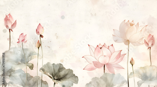Watercolor illustration of lotus flowers. Seamless floral pattern with lotuses on light background, watercolor. Template design for textiles, interior, wallpaper.