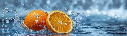 A vibrant orange slice makes a dynamic splash in clear water  with droplets suspended in motion against a blue backdrop.