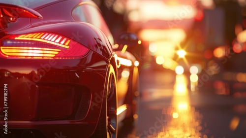 Red car on road at sunset