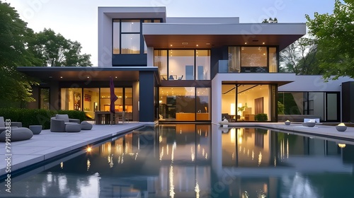  A stunning modern house with glass windows, sleek architecture, and an elegant pool