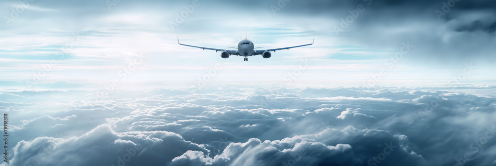 A breathtaking view of an airplane flying high above a bedazzling carpet of clouds, representing the marvels of air travel A breathtaking view of an airplane flying high above a bedazzling carpet of clouds, representing the marvels of air travel