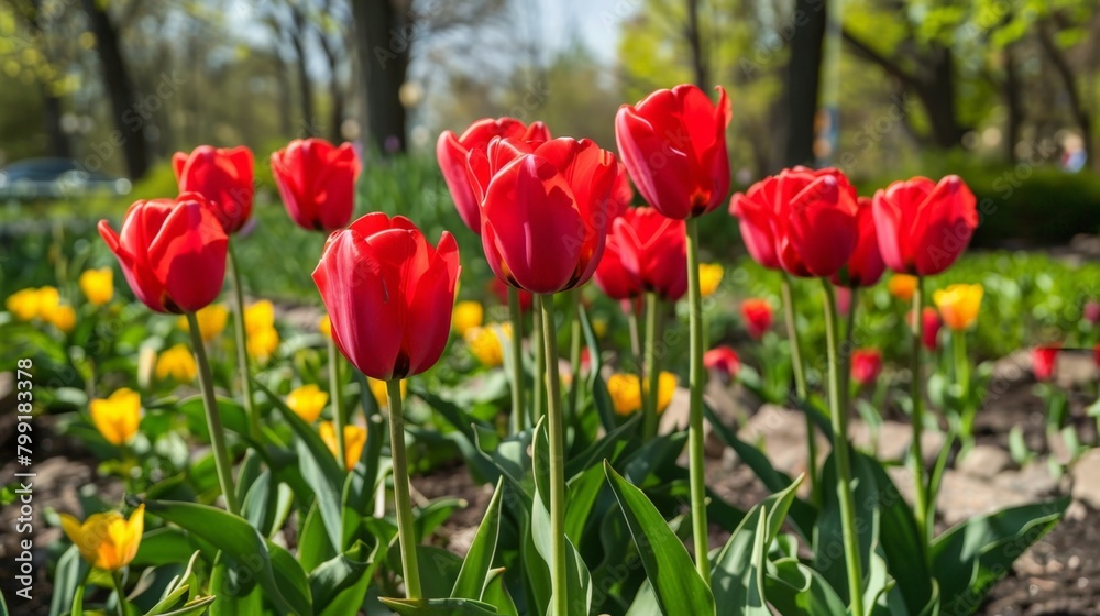 Field filled with red, yellow tulips