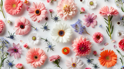 Various Colored Flowers Arranged on White Surface