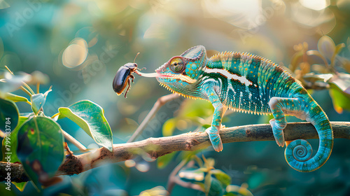 chameleon on a tree branch caught a beetle to feed photo