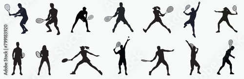 Tennis player Silhouettes.  Set of men and woman sport players. collection of clip art Silhouette. Black silhouettes vector illustration on white background. 