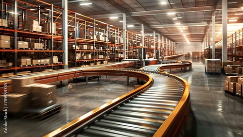 3D rendering of a large warehouse with conveyor belts and pallets. Concept 3D Rendering, Warehouse Design, Conveyor Belts, Pallets, Industrial Space