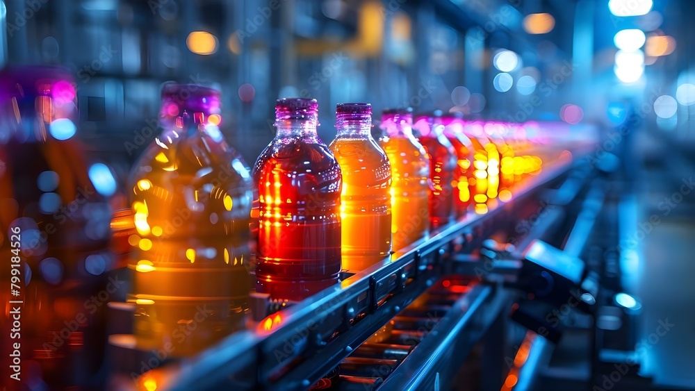 Beverage factory with automated glass bottle conveyor belt for packaging juice. Concept Automated Machinery, Glass Bottle Conveyor, Packaging Process, Beverage Factory Operations
