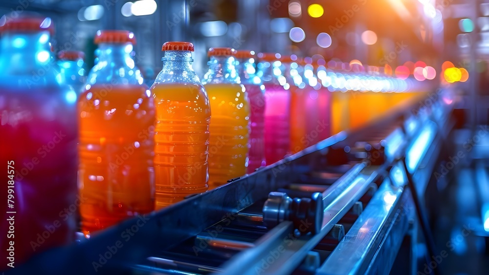 Automated Glass Bottle Conveyor Belt in a Juice Packaging Factory. Concept Conveyor Belt System, Glass Bottle Handling, Beverage Packaging, Factory Automation, Juice Production