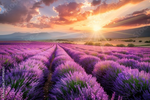 Lavender Field at Sunset, Purple Flowers Landscape, Morning Lavender Fields, Copy Space © NendeR