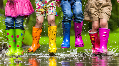 Joyful children Jumping in Colorful Rain Boots on Muddy Ground: Playful Autumn Scene with Vibrant Colors and Rainy Weather