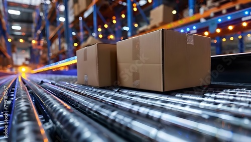 Close-up Shot of Cardboard Boxes on a Conveyor Belt in an Automated Warehouse Setting. Concept Automated Warehouse, Conveyor Belt, Cardboard Boxes, Close-Up Shot, Industrial Setting