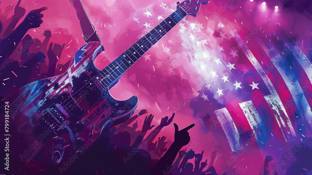 Obraz premium Independence Day Rock Concert Poster with American Guitar