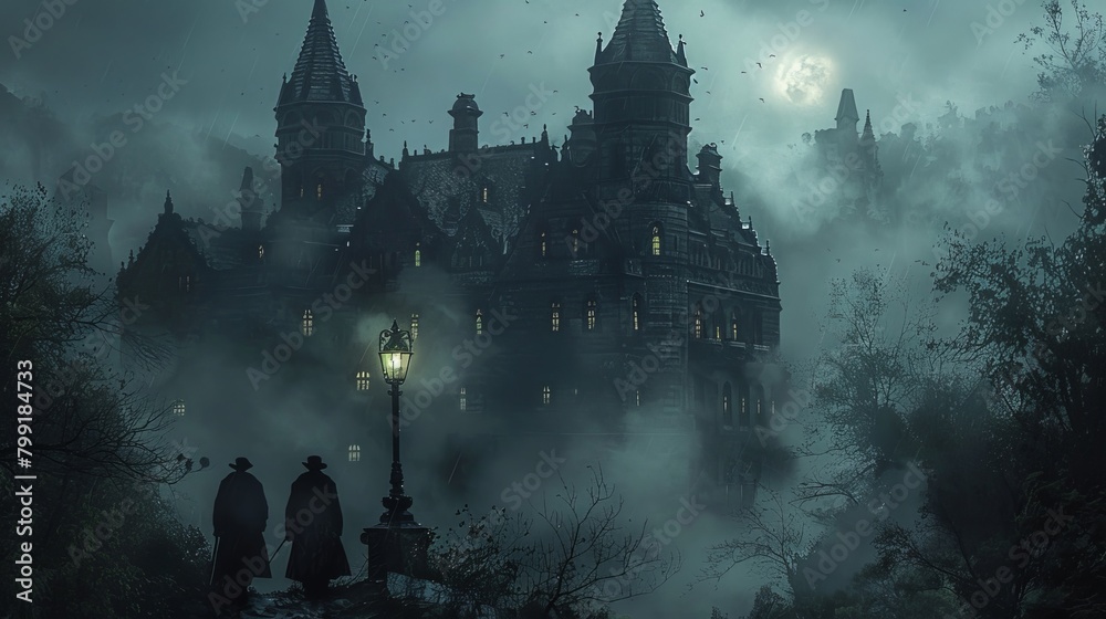 The dark castle is shrouded in mist, creating an eerie atmosphere.