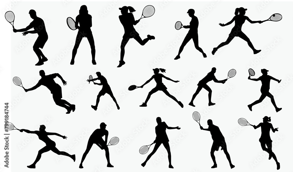 set of men and women tennis players silhouette on white background. Vector illustration set of men and women tennis players silhouette on white background. Vector illustration