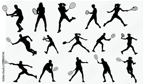 set of men and women tennis players silhouette on white background. Vector illustration