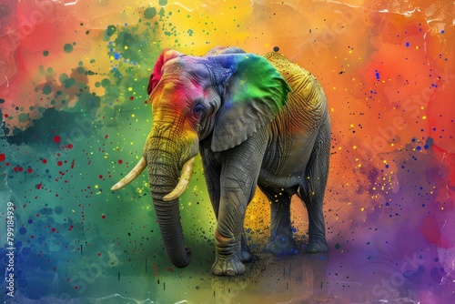 A colorful elephant is standing in a painting with splatters of paint. The elephant is the main focus of the painting, and the splatters of paint add a sense of movement and energy to the scene