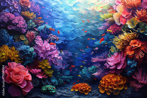A vibrant coral reef teeming with colorful fish and oversized sea plants  creating an underwater paradise for marine life. Created with Ai
