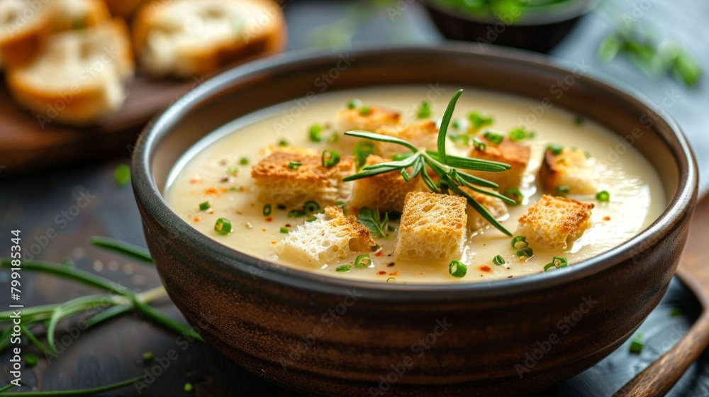 A bowl of soup with croutons and bread on the side
