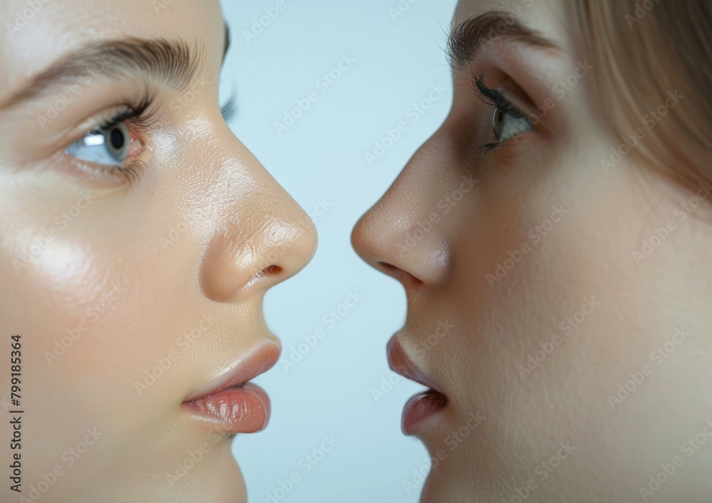 Before and after plastic surgery of nose. Rhinoplasty. Crooked nose correcting. Young woman profile portrait, isolated on white background. Beauty female, model girl face close-up. Aesthetic medicine Before and after plastic surgery of nose. Rhinoplasty. Crooked nose correcting. Young woman profile portrait, isolated on white background. Beauty female, model girl face close-up. Aesthetic medicine