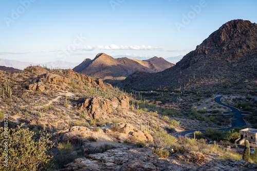 Gates Pass in Tucson Arizona, saguaro cactus on mountainside
