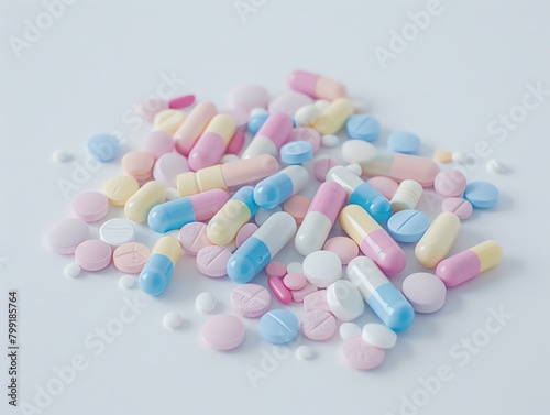 Colorful pills and capsules scattered on white background.