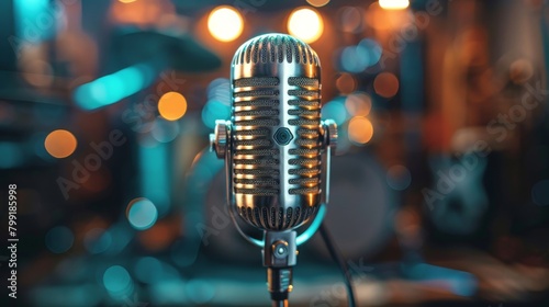 Retro silver microphone on stage with blurred colorful lights in the background.
