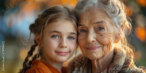 A grandmother and granddaughter share a tender hug, radiating happiness and love in their family bond