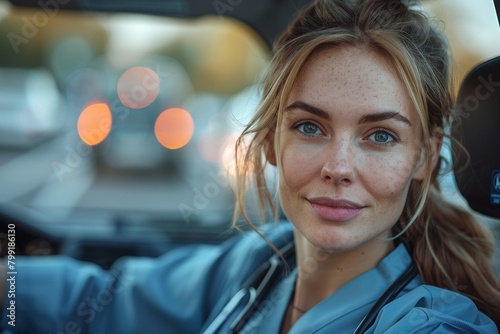 An attractive pediatrician confidently drives, blending beauty and professionalism on her journey in her car