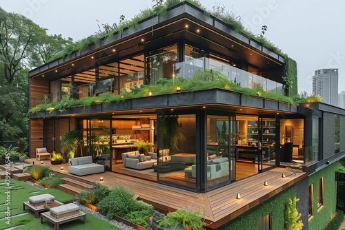 Modern house with green roof and deck  renewable energy and sustainable green living