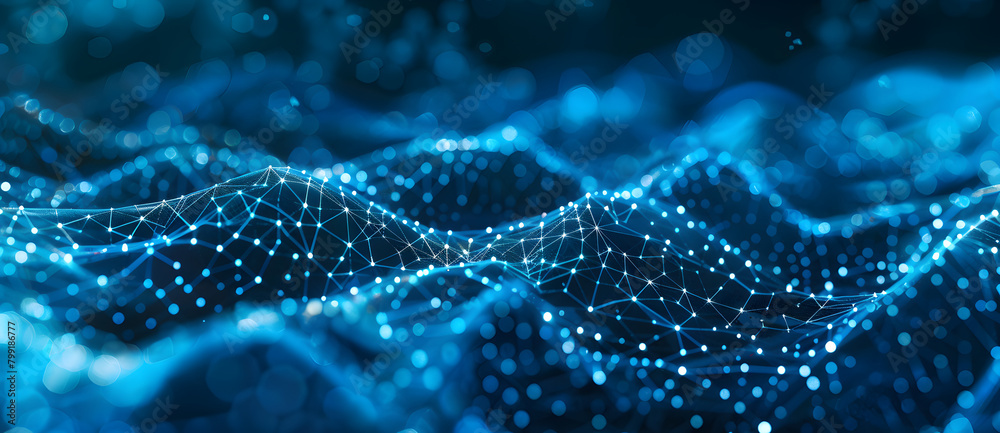 Abstract blue background with a digital network and connection dots, a complex mesh of lines in the form of a polygonal grid or plexus. Abstract futuristic technology wallpaper. Generated AI Abstract blue background with a digital network and connection dots, a complex mesh of lines in the form of a polygonal grid or plexus. Abstract futuristic technology wallpaper. Generated AI