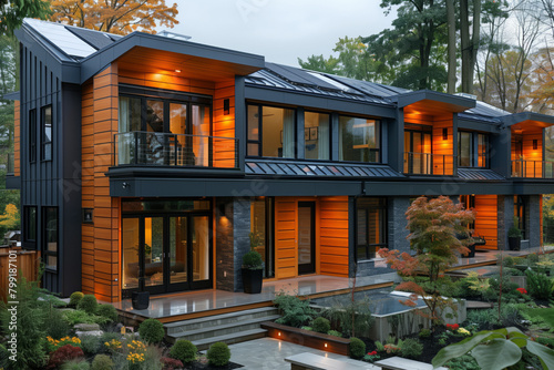 Large house with abundant windows, renewable energy and sustainable green living © Spicy World