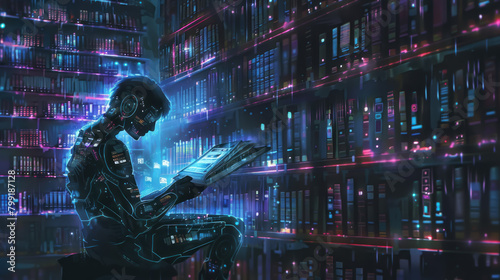 A librarian bot, its circuitry glowing through translucent skin, cataloging digital tomes in a vast archive powered by the hum of giant servers.