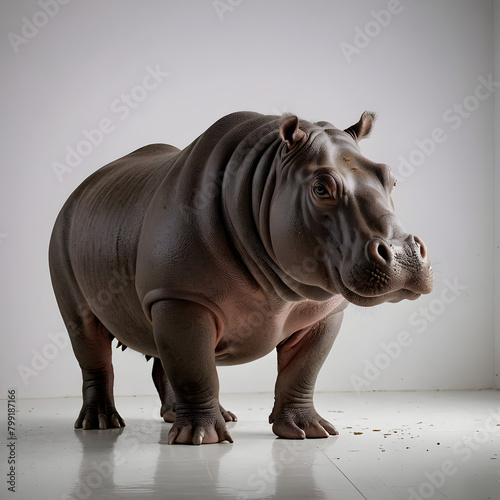 A large hippopotamus stands on a blue background The hippopotamus is gray and has a large mouth It is looking to the right of the frame
