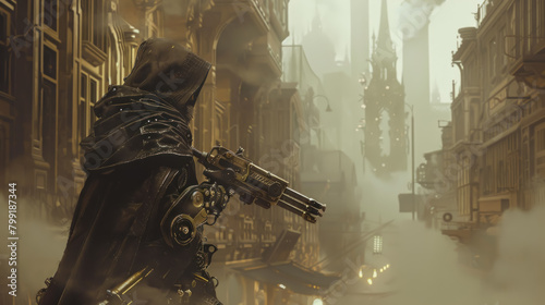 A steampunk soldier patrolling through a foggy, clockwork city, his armor integrated with gears and steam pipes, rifle emitting a soft hiss of steam with every step. photo