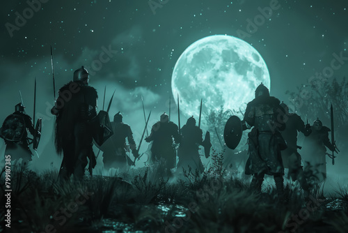 A medieval battlefield frozen in time, spectral soldiers clashing in eternal combat, their ghostly figures illuminated by the eerie glow of the moon.