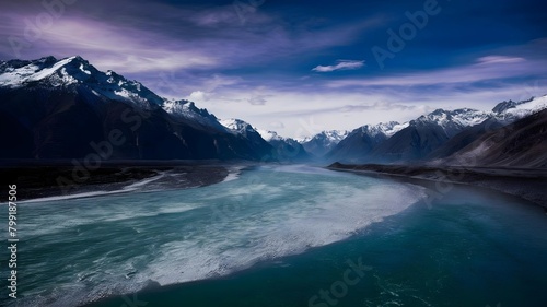 A breathtaking photograph of a massive, crystal-clear river snaking through a dramatic landscape of towering, snow-capped mountains. The river appears to be teeming with life, as it meanders between