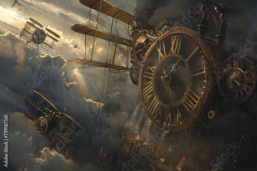 A World War II scenario reimagined with clockwork soldiers, trenches lined with brass and copper, and biplanes circling overhead, their propellers ticking like giant clocks.