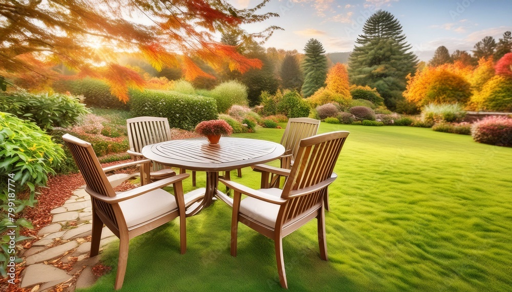 out door chairs with table and lush green garden in autumn or summer; high angle view, no people